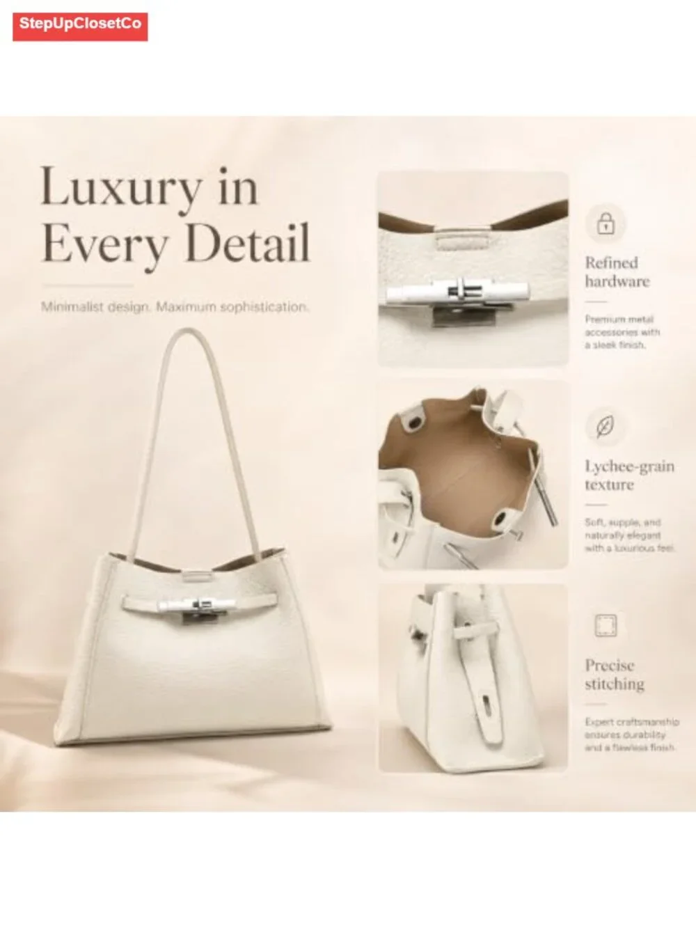 Pebbled PU Leather Tote with Pouch, Top Handle & Detachable Straps